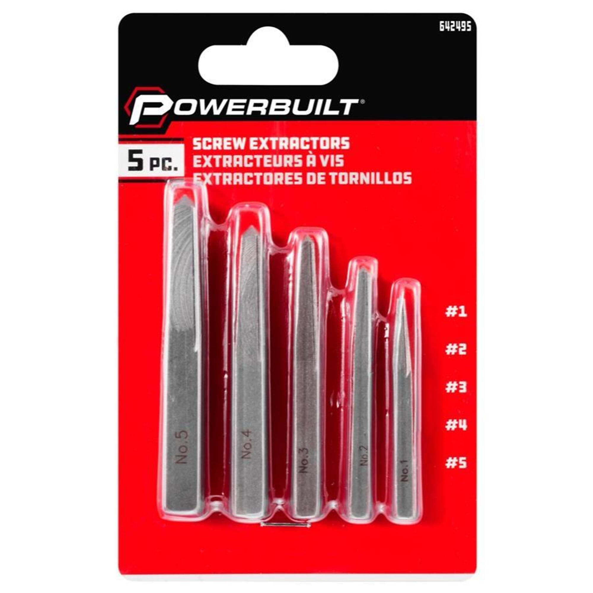 Powerbuilt Screw Extractor Set — 5 Piece, Hardened Carbon Steel, Sizes #1-5, Model# 642495